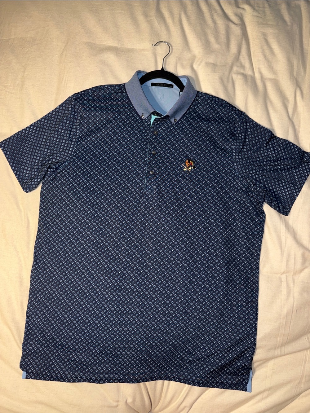 Men's Greyson Navy Patterned Polo Shirt with Light Blue Collar
